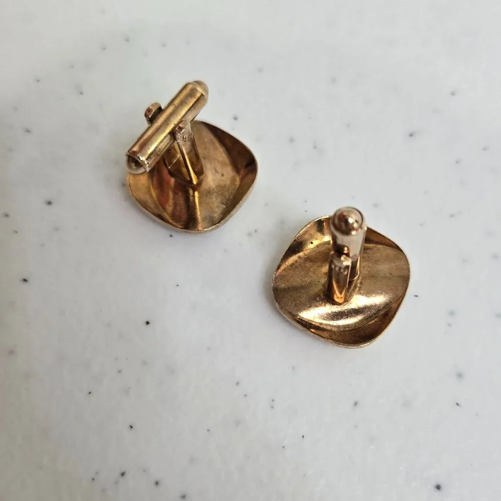 Cufflinks Gold Tone Matte Geometric Square Stripe Vintage MCM Art Deco Look